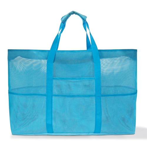 Boziee Große strandtasche XXL Mesh Beach Bag Damen Shopper Reisetasche mit Reißverschluss Beach Tote Bag für Strand Reisen Einkaufen Picknick (Blau) von Boziee