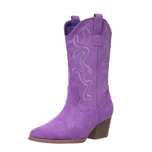 Bplangat Cowboystiefel für Damen, Cowgirl-Stiefel, mittelhoch, Western-Stil, bestickt, niedriger klobiger Absatz, modische Stiefel, Größe 38-45, Violett, 42 EU von Bplangat