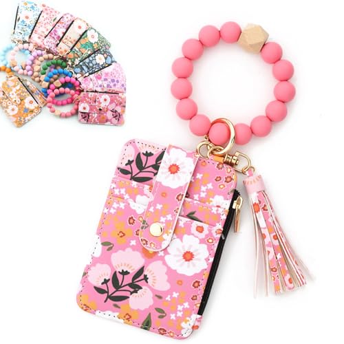 Women's Boho Beaded Wallet with Flower Pattern, Women Boho Style Beaded & Tassel Decorated Keychain, Credit Card Holder Purse (Dark pink) von Bpoeee