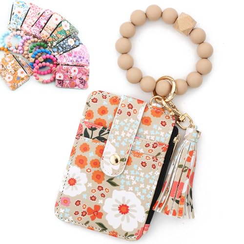 Women's Boho Beaded Wallet with Flower Pattern, Women Boho Style Beaded & Tassel Decorated Keychain, Credit Card Holder Purse (Khaki) von Bpoeee