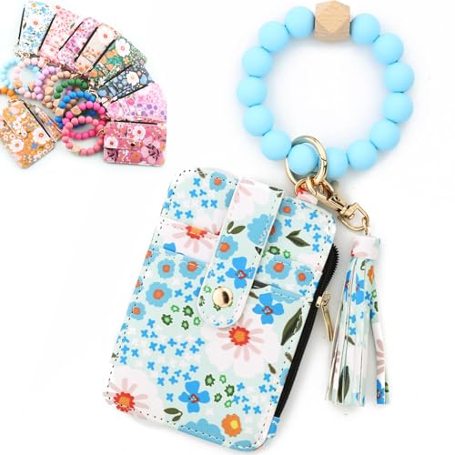 Women's Boho Beaded Wallet with Flower Pattern, Women Boho Style Beaded & Tassel Decorated Keychain, Credit Card Holder Purse (Light Blue) von Bpoeee