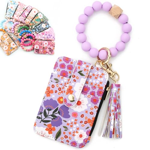 Women's Boho Beaded Wallet with Flower Pattern, Women Boho Style Beaded & Tassel Decorated Keychain, Credit Card Holder Purse (Light Purple) von Bpoeee