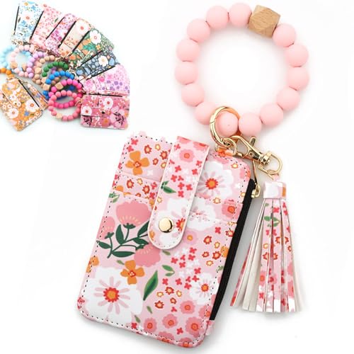 Women's Boho Beaded Wallet with Flower Pattern, Women Boho Style Beaded & Tassel Decorated Keychain, Credit Card Holder Purse (Light pink) von Bpoeee