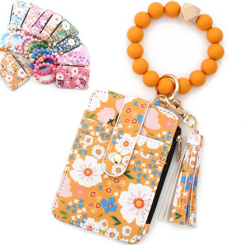 Women's Boho Beaded Wallet with Flower Pattern, Women Boho Style Beaded & Tassel Decorated Keychain, Credit Card Holder Purse (Yellow) von Bpoeee