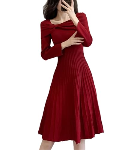 Bqxxdeo Damen Herbst Winter Abend Party Strickkleid Elegant Schleife Kragen Hohe Taille Plissee A-Linie Pulloverkleid, rot, Einheitsgröße von Bqxxdeo