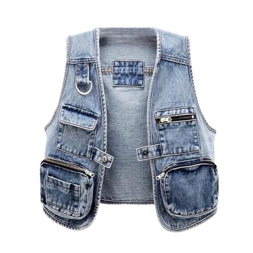 Bqxxdeo Denim-Weste für Damen, Frühling, Herbst, Tasche, Jeans, Weste, ärmellos, Oberbekleidung, blau, 42 von Bqxxdeo