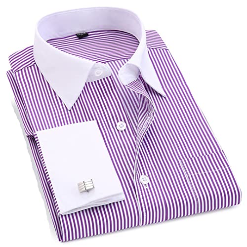 Bqxxdeo Herrenhemd Mit Französischen Manschetten Langarm Knöpfe Hemden Normale Passform Manschettenknöpfe Enthalten FS12 Purple Stripes XXL von Bqxxdeo