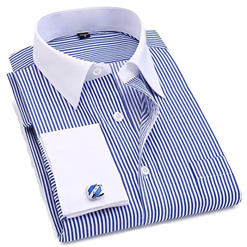 Bqxxdeo Herrenhemd Mit Französischen Manschetten Langarm Knöpfe Hemden Normale Passform Manschettenknöpfe Enthalten FS15 Blue Stripes XXL von Bqxxdeo