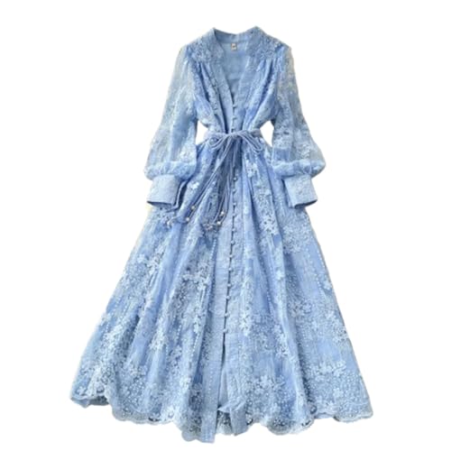 Damen Frühling Herbst Spitze Stickerei Kleid V-Ausschnitt Laternenärmel Einreiher Party Geburtstag Kleid, blau, M Damen Frühling Herbst Spitze Stickerei Kleid V-Ausschnitt Laternenärmel Einreiher Party Geburtstag Kleid, blau, M von Bqxxdeo