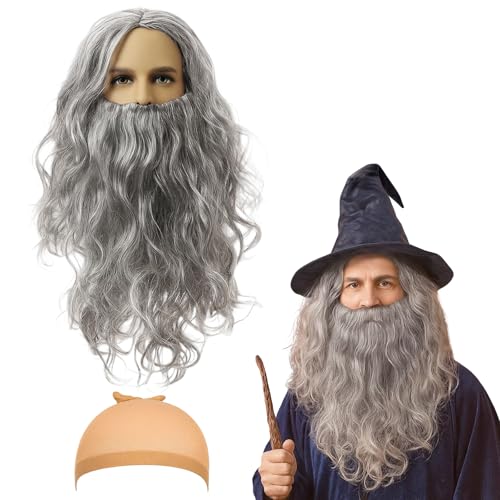 Zauberer Kostüm Herren Set mit grauer Perücke und Bart – Theaterqualität Bart Kostüm mit Haarnetz, Perücke Herren Halloween Zauberer Kostüm Herren Set mit grauer Perücke und Bart – Theaterqualität Bart Kostüm mit Haarnetz, Perücke Herren Halloween von BrKern