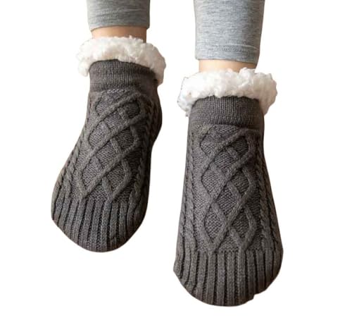 3 Paar Slipper Socken mit Griff,Zopfmuster,flauschige Socken,gemütliche Fleece gefütterte Bettsocken,rutschfeste Winter Wollsocken,warme,hochwertige,weiche Schlafsocken,Geschenke für Damen,Grau von BrOleo