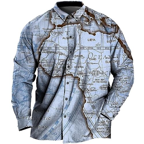 Herren Hemd Mit Kartendruck Langärmelig Lässig Button Down Hemden Stilvoll Ausgefallenes 3D Druck Hemd Business Hemden Party Hawaii Hemden Hemden Urlaubs Strand Hemden Blau XL von BrOleo