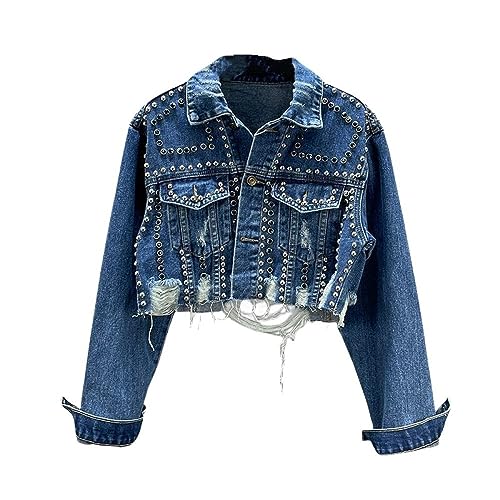 Jeans Jacken Für Damen,Damen Jeansjacke Mit Schweren Nieten Vintage Stil Ausgefranste Nagelperlen Kurze Jeans Oberteile Maßgeschneiderter Stretch Jeansmantel Mit Trucker Knopf Strickjacke Abgeschnit von BrOleo