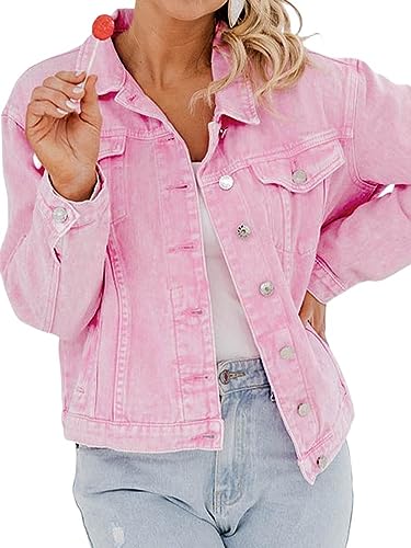 Jeans Jacken Für Damen,Kurze Jeansjacke Für Damen Rosa Distressed Waschung Jeans Oberteile Maßgeschneiderter Stretch Trucker Lässige Oberbekleidung Kurzer Denim Mantel Mit Knöpfen Strickjacke Jeansj von BrOleo