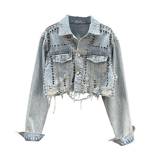 Jeansjacke Damen,Damen Jeansjacke Mit Schweren Nieten Vintage Stil Ausgefranste Nagelperlen Kurze Jeans Oberteile Maßgeschneiderter Stretch Jeansmantel Mit Trucker Knopf Strickjacke Abgeschnittene J von BrOleo