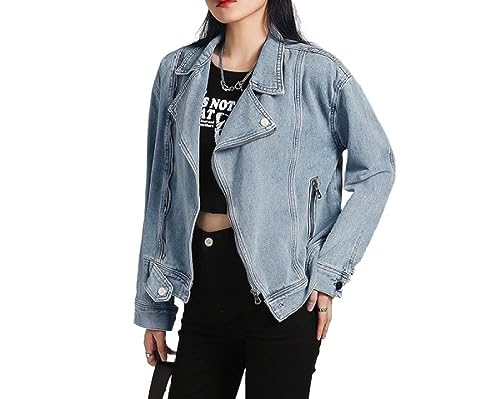 Jeansjacke Damen,Kurz Geschnittene Biker Jeansjacke Für Damen Mit Reißverschluss Leicht Ausgewaschen Windjacke Shacket Distressed Denim Trucker Lässiger Cardigan Mantel Western Outwear Für Mädchen H von BrOleo