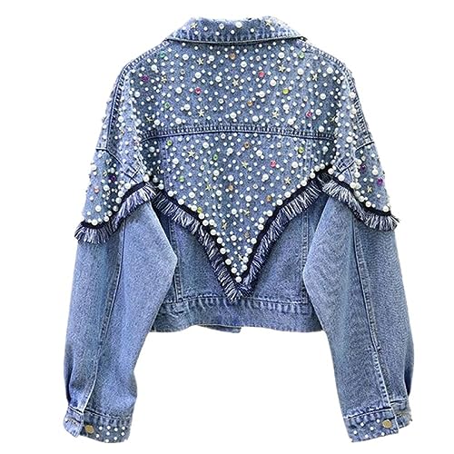 Jeansjacke Mädchen,Damen Jeansjacke Von Heavy Industry Mit Nieten Und Perlen Quaste Ausgewaschene Jeans Shacket Distressed Denim Trucker Abgeschnittener Cardigan Mantel Western Outwear Für Mädchen H von BrOleo