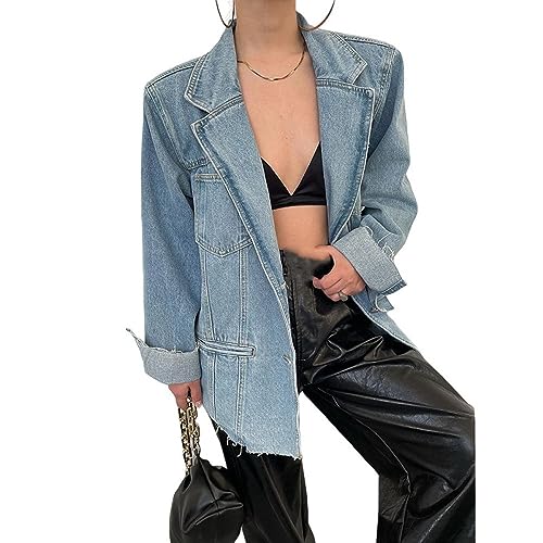 Jeansjacke Mädchen,Damen Schulterpolster Blazer Jeansjacke Vintage Ausgefranste Jeans Shacket Gewaschene Jeansjacke Lässiger Mantel Knopf Cardigan Jeansjacke Für Mädchen Herbst Frühling Western Outw von BrOleo