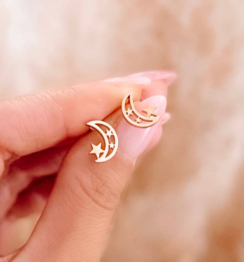 Ohrstecker Halbmond Mond Sterne Gold Roségold Silber von Brabiis