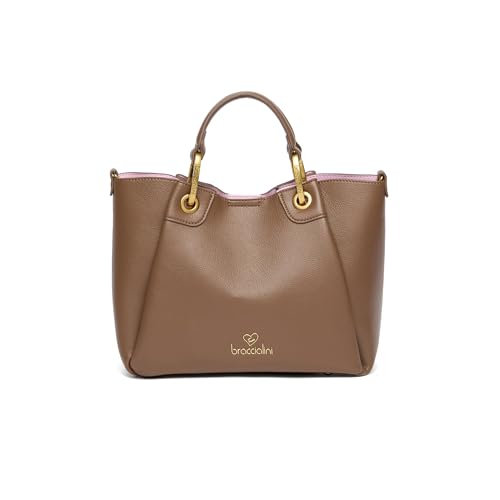 Braccialini Amy Handtasche, mittelgroß, mit Doppelgriffen, versteckt zwischen den Quernähten der Paneele, die es ermöglichen, sie zu erweitern. Die Tasche ist aus Kunstleder in der Farbe Platin, braun von Braccialini