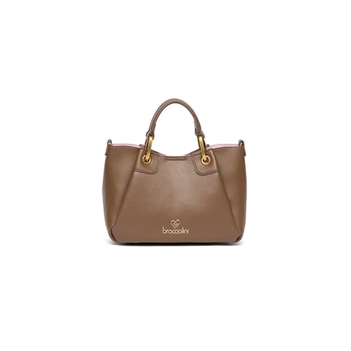 Braccialini Amy Kleine Handtasche mit doppelten Griffen, versteckt zwischen den Querstichen der Paneele, die es ermöglichen, sie zu erweitern. Die Tasche ist aus Kunstleder in der Farbe Platin, braun von Braccialini