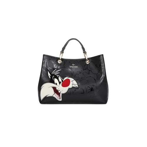 Braccialini Beth Lt mittelgroße Handtasche in Schwarz mit doppelten Griffen und abnehmbarem und verstellbarem Logo-Schultergurt für doppelte Tragbarkeit. Der absolute Star ist Silvester, in von Braccialini