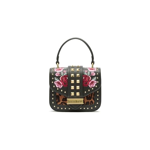 Braccialini Rock Handtasche mit einem Griff und verstellbarem und abnehmbarem Schultergurt, gefertigt aus schwarzem Kunstleder. Die Klappe ist mit floralen Stickereien in intensiven Rot- und von Braccialini