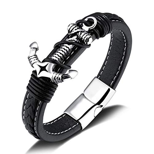 Bracelets Anker Echtleder Armband mit hochwertigem 316L Titaniumstahl Edelstahl Schiffsanker in Schwarz mit Magnethakenverschluss für Herren/Damen Schmuck von Bracelets