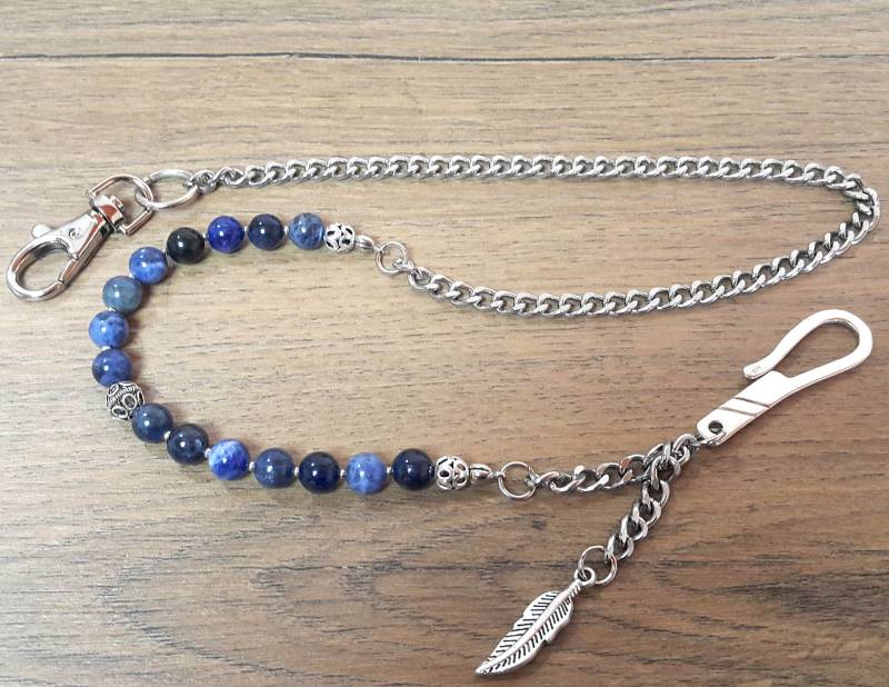 Blaue Sodalith Perlen Geldbörse Kette - .925 Sterling Silber Haken, Feder Anhänger von Braceletshomme