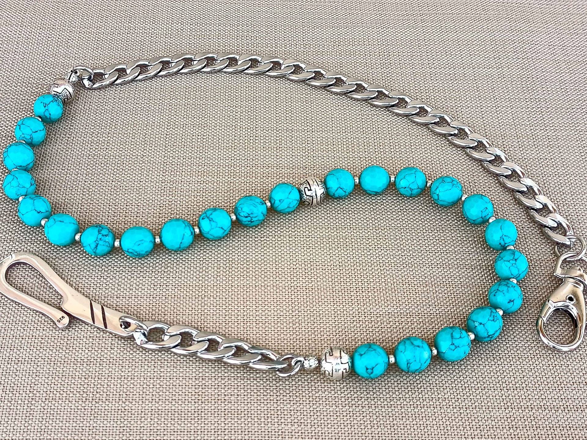 Handgefertigte Blaue Perlen Brieftaschen Kette Für Herren - Mit 10 Mm Natürlichen Türkis Edelsteinen Und Einem Handgefertigten 925 Sterling Silber von Braceletshomme