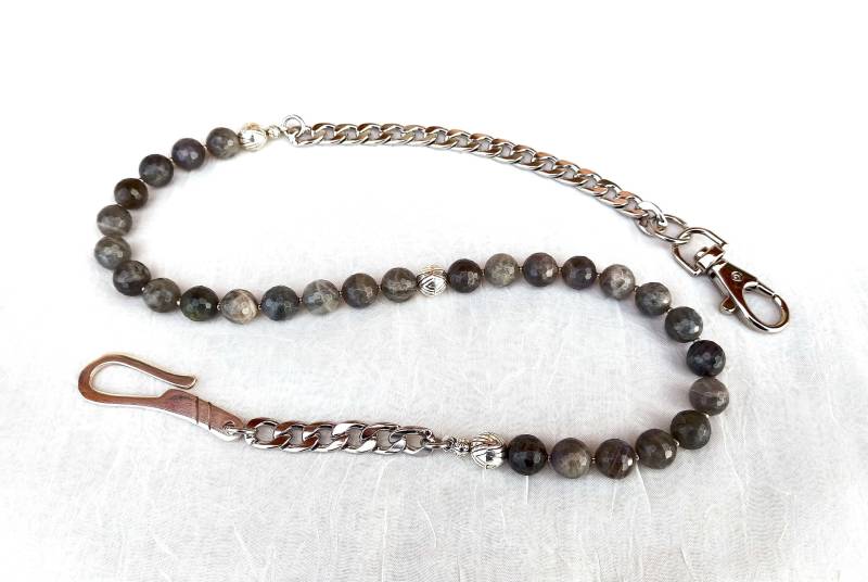 Labradorit Edelstein Geldbörse Kette - Sterling Silber Handmade Haken Graue Perlen Lanyard von Braceletshomme