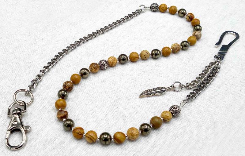 Perlen Geldbörse Kette - Holz Jaspis Pyrit Edelsteine Mit Sterling Silber Haken von Braceletshomme