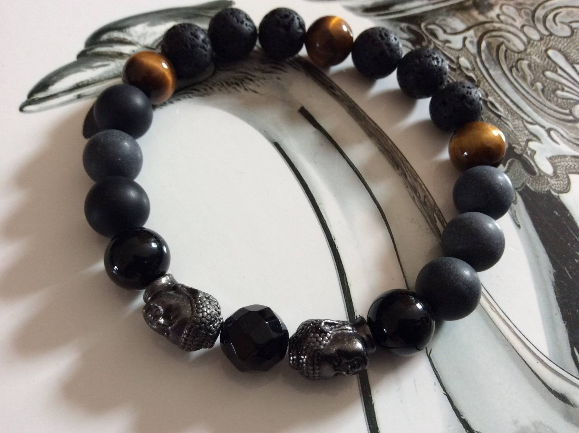 Mann Starken Armband Handgelenk, Schwarzen Metall Buddha-Köpfe, Tigerauge, Lava, Matte Onyx Edelstein Edelsteine Mann Starken Armband Handgelenk, Schwarzen Metall Buddha-Köpfe, Tigerauge, Lava, Matte Onyx Edelstein Edelsteine von Braceletshommes