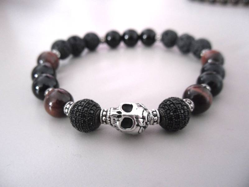 Schickes Armband, Gemischt, Für Herren Oder Damen, Silberner Totenkopf, Rote Tigeraugenperlen - Schwarze Kristallperlen, Lava von Braceletshommes