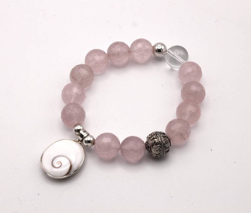 Mala Armband, 12mm Rosenquarz, 925 Silber Bali Perle Und Einem Anhänger Shivaeye von BrahmandaMala