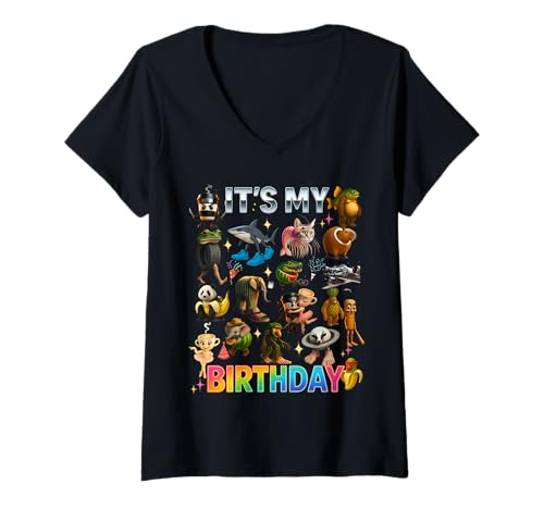 Damen Italian Brainrot Meme It's My Birthday Kids Boys Girls Teens T-Shirt mit V-Ausschnitt von Brain Rot Birthday 7th 8th 9th 10th 11th 12th 13th
