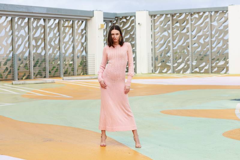 60Er Jahre Rosa Wolle Häkelkleid Vintage Art Deco Langarm Maxi Maxikleid von BranchesVintage