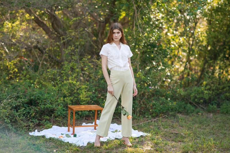 60S Hellgrüne Strick Hose Vintage Mid Waist Strukturhose von BranchesVintage