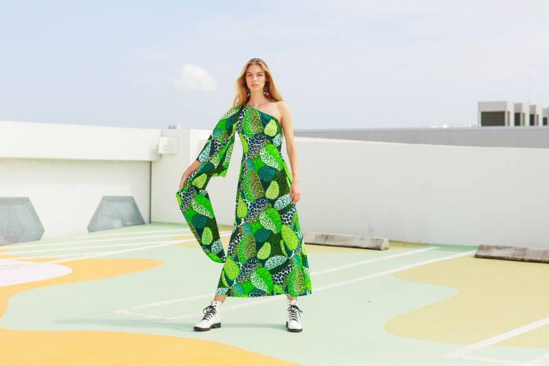 70Er Jahre Vintage Blatt Grün Bunt Print One Shulter Kleid Asymmetrisch Langes Maxi von BranchesVintage