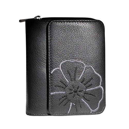 Branco Leder - sehr feine Leder Damen Geldbörse, Portemonnaie, Ladys Wallet mit aufgesticktem Blumen Motiv verfügbar - präsentiert von ZMOKA® (Schwarz) von Branco