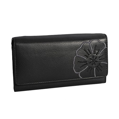 Branco Leder - sehr feine Leder Damen Geldbörse, Portemonnaie, Ladys Wallet mit aufgesticktem Blumen Motiv verfügbar - präsentiert von ZMOKA® (Schwarz) von Branco