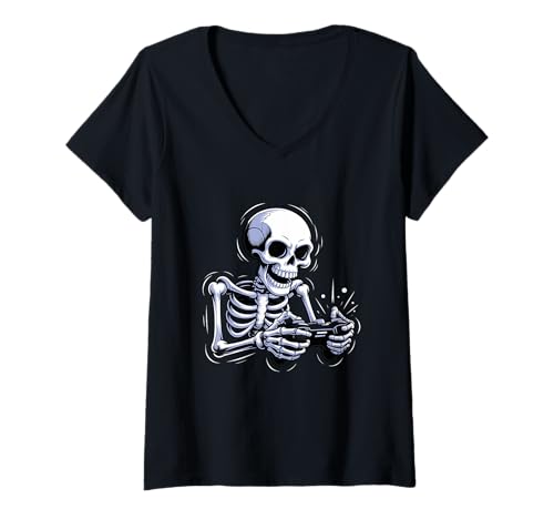 Damen Funny Video Game Halloween Skeleton Gamer Costume Men Boys T-Shirt mit V-Ausschnitt von Brand Ghostly Gamer Skeleton In Action