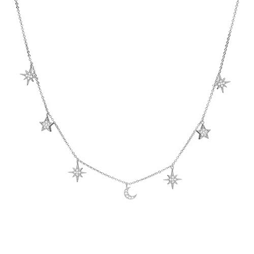 Brandlinger ® Atelier Silberkette Damen aus vergoldetem 925 Sterling Silber mit Mond und Stern Anhängern. Halskette mit Länge 40 cm + 5 cm Verlängerung von Brandlinger