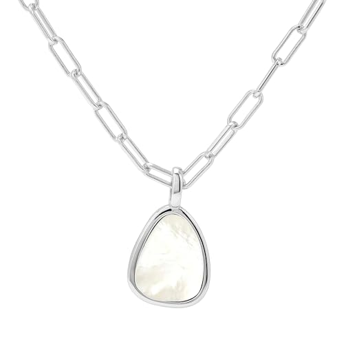 Brandlinger ® Halskette Damen Silber 925 mit Anhänger Edelstein. Schmuck Damen vergoldet mit 18 Karat für Frauen und Mädchen. Größe Anhänger Kette: 14mm (Silber (Perlmutt)) von Brandlinger