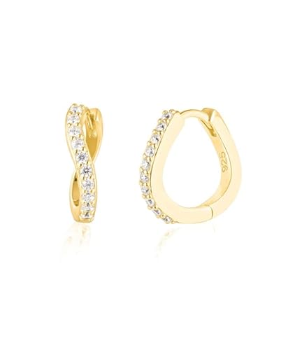 Brandlinger ® Ohrringe Silber 925. Creolen gold geschwungen mit weißen Zirkonia. Schmuck Damen vergoldet mit 18 Karat (Silber und Gold) für Frauen und Mädchen. Durchmesser der Creolen 15,4mm. von Brandlinger