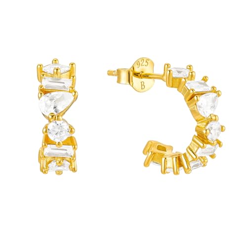 Brandlinger ® Ohrringe Silber 925. Creolen mit Stein weiß. Schmuck Damen vergoldet mit 18 Karat Gold für Frauen und Mädchen. Äußerer Durchmesser 16mm. von Brandlinger