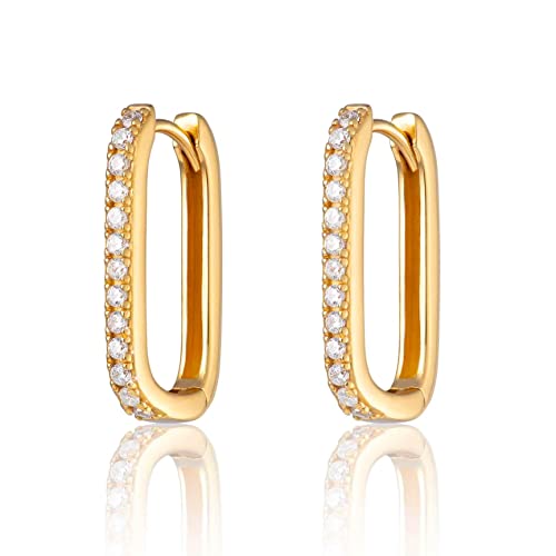 Brandlinger ® eckige Statement Ohrringe Silber 925. Creolen rechteckig. Schmuck Damen vergoldet mit 18 Karat (Silber und Gold) für Frauen und Mädchen. Größe der Hoops 20,3mm. (Gold (weiße Steine)) von Brandlinger