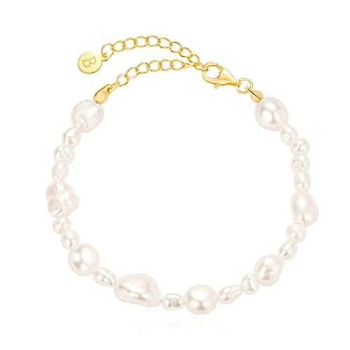 Brandlinger Perlenarmband Damen Silber 925. Armband Perlen vergoldet mit 18 Karat Gold, Schmuck für Frauen und Mädchen. Länge verstellbar 16-20cm. (Gemischte Perlen) von Brandlinger