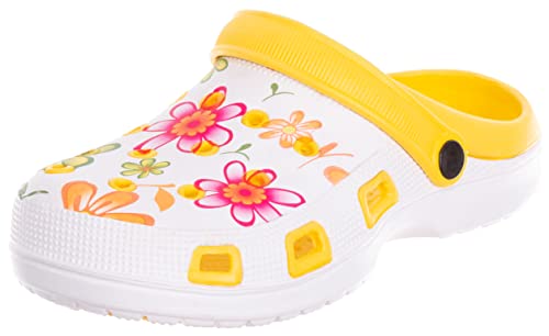 Brandsseller Damen Clog Gartenclog Gartenschuhe Schuh Pantolette Hausschuh leicht Blumenmuster - gelb - 36 von Brandsseller