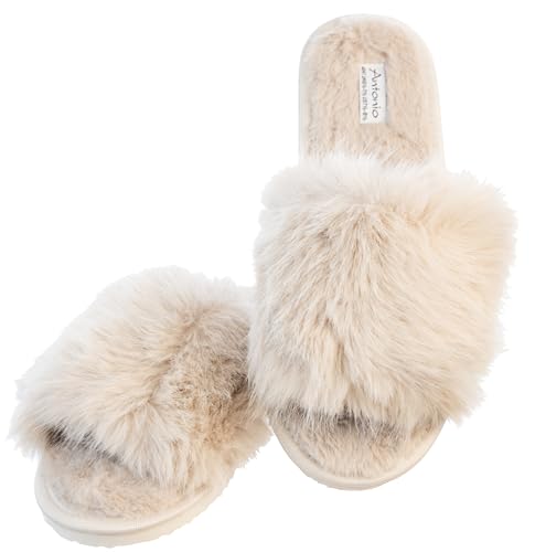 Brandsseller Damen Hausschuhe Langhaar Kuschel Pantolette Frauen Slipper Leichte Rutschfeste Pantoffeln Beige 40/41 von Brandsseller